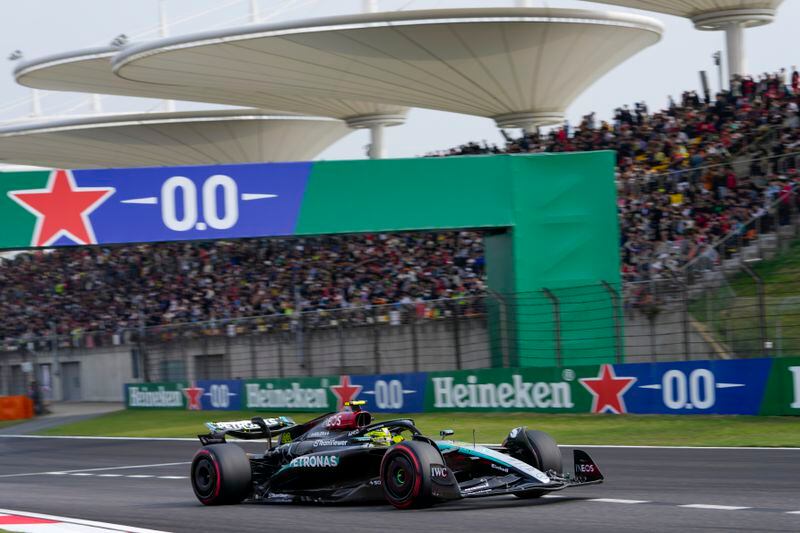 Mercedes driver Lewis Hamilton of Britain steers his car during qualifying at the Chinese Formula One Grand Prix at the Shanghai International Circuit, Shanghai, China, Saturday, April 20, 2024. (AP Photo/Andy Wong)