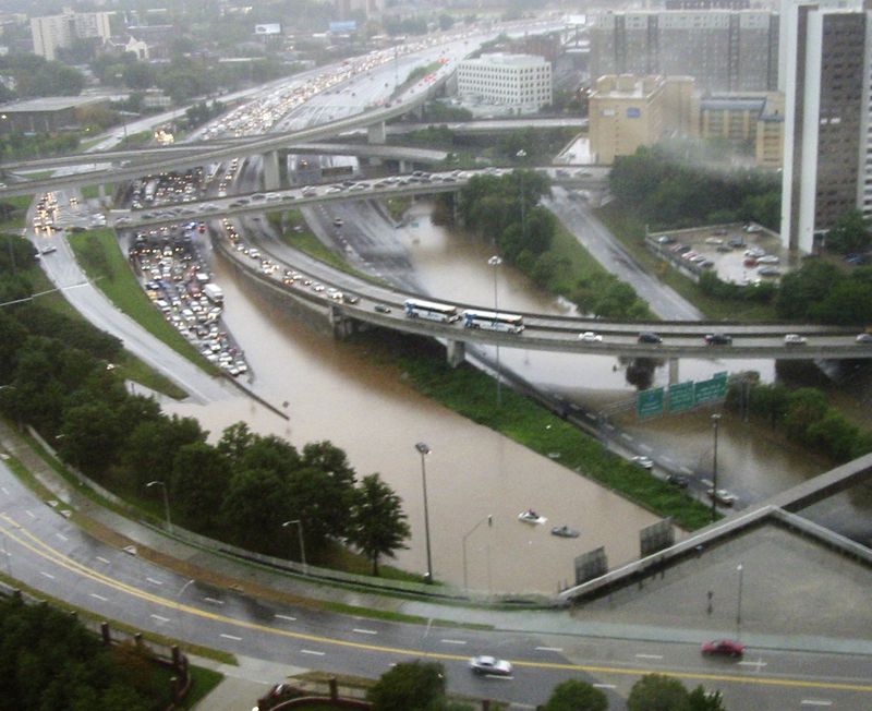 An overhead view looking South shows the flooded downtown connector just North of the International Boulevard/Ellis Street interchange.   Glenn Dyke, Special