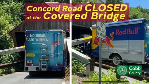 A Red Bull delivery truck crashed into a protective beam at the base of the Covered Bridge at Concord Road near Smyrna on Wednesday, June 23, 2021.