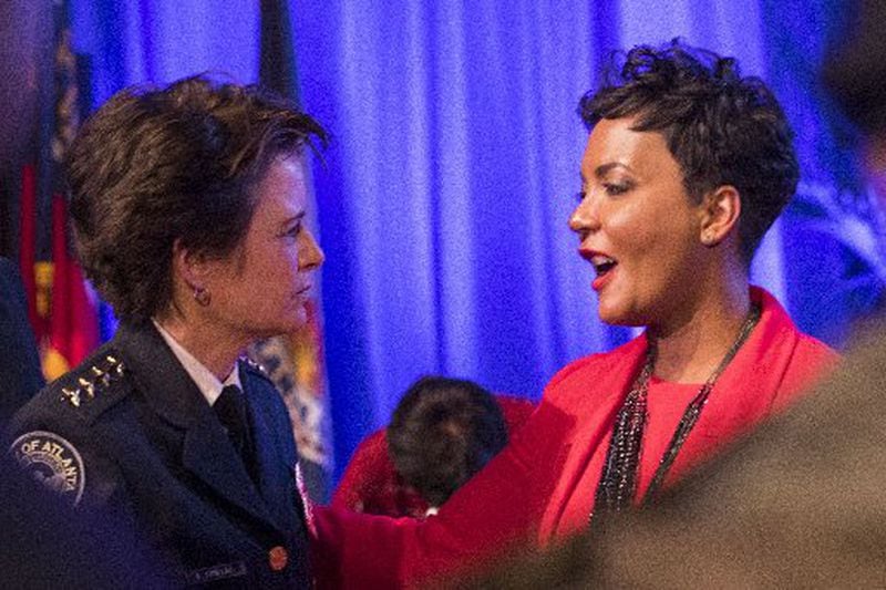 Atlanta Police Chief Erika Shields (left) with Mayor Keisha Lance Bottoms, who has called for an independent review to see if bonuses handed out in the final days of former Mayor Kasim Reed’s administration are legal. Shields wrote a check for $10,000 to the city earlier this week to return her bonus.