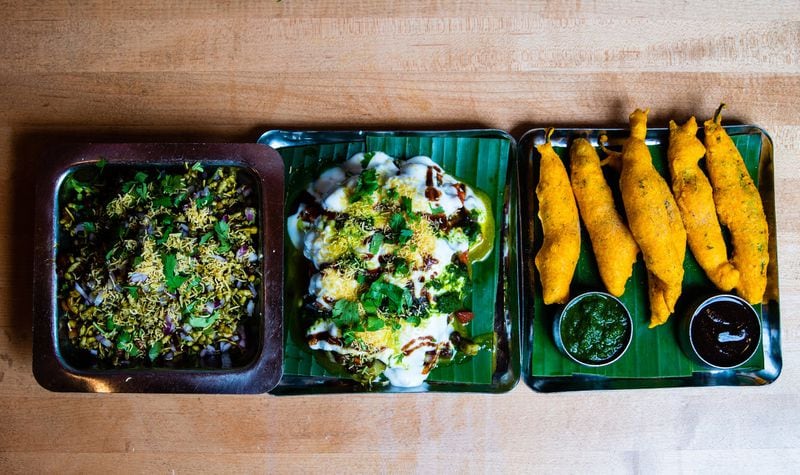 Three appetizers at Madras Mantra: (from left) eggplant chat, Bombay bhel and chile bhajiya. CONTRIBUTED BY HENRI HOLLIS
