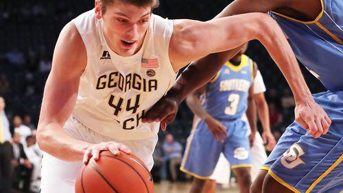 Georgia Tech center Ben Lammers drives against the Southern Jaguars in an NCAA college basketball game at McCamish Pavilion on Monday, Nov. 14, 2016, in Atlanta. Curtis Compton/ccompton@ajc.com
