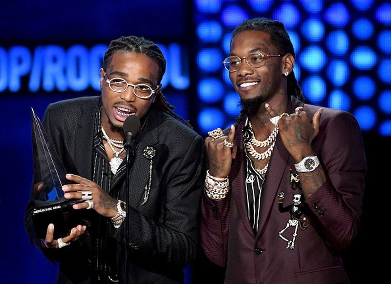 LOS ANGELES, CA - OCTOBER 09:  Quavo (L) and Offset of Migos accept Favorite Duo or Group - Pop/Rock onstage during the 2018 American Music Awards at Microsoft Theater on October 9, 2018 in Los Angeles, California.  (Photo by Kevin Winter/Getty Images For dcp)