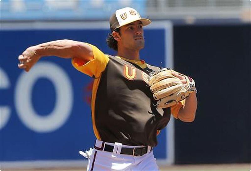 Dansby Swanson warming up before the All-Star Futures Game Sunday at San Diego. (AP photo)