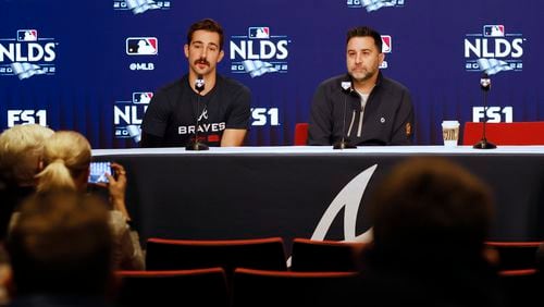 Braves pitcher Spencer Strider at a press conference with Braves General Manager Alex Anthopoulos moments after announcing his 75 million, 6-year new contract with the team on Monday, Oct.10, 2022.  Miguel Martinez / miguel.martinezjimenez@ajc.com