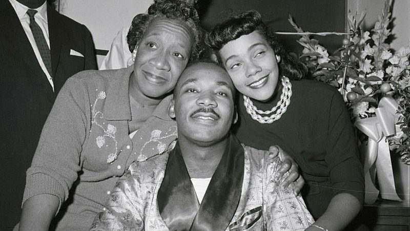 The Rev. Dr. Martin Luther King Jr. is surrounded by his mother, Alberta Williams King, and his wife, Coretta Scott King, during a Sept. 30, 1958, news conference at Harlem Hospital, where he was recovering from being stabbed in the chest 10 days earlier at a book signing for his first book.