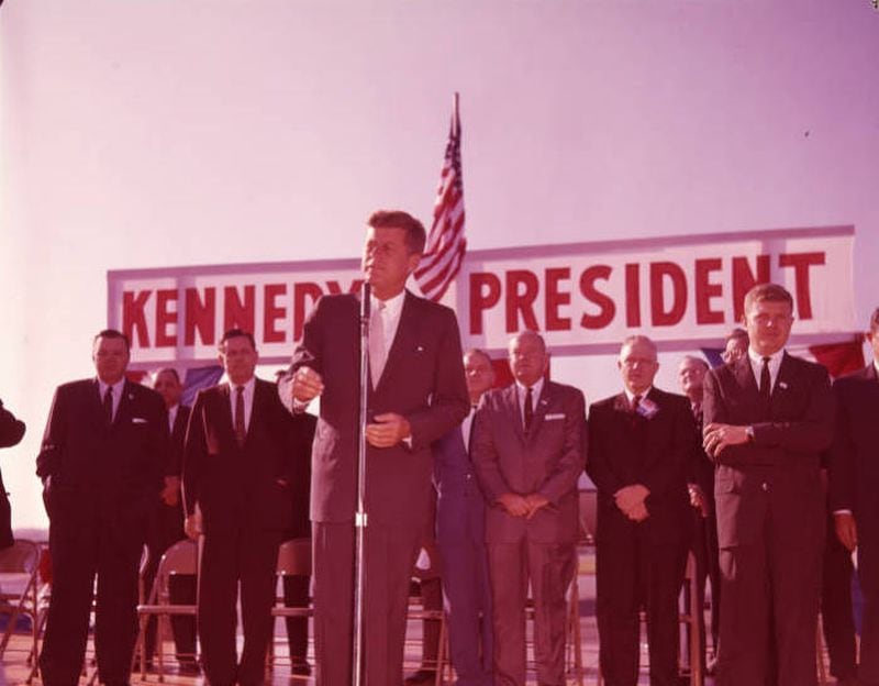 Presidential candidate John F. Kennedy speaks in Atlanta during the 1960 campaign. The colors in this image have shifted toward magenta, a typical problem in photos from this era. Photo: The Atlanta Journal-Constitution collection at Georgia State University.