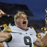 Iowa's Tory Taylor (9) celebrates after a 15-6 win against Wisconsin at Camp Randall Stadium on Oct. 14, 2023, in Madison, Wisconsin. (Stacy Revere/Getty Images/TNS)