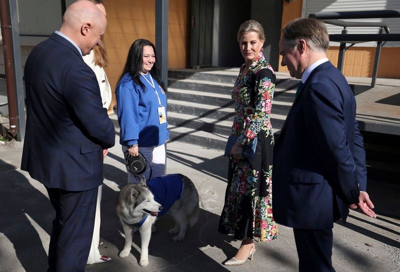 Britain's Sophie, Duchess of Edinburgh, second right, and Martin Harris, Ambassador of the United Kingdom to Ukraine, right, visit the UNFPA office in Kyiv to meet with war victims, Monday April 29, 2024. (Anatolii Stepanov/Pool via AP)