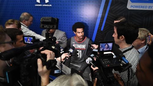Jarrett Allen speaks to reporters during the NBA Draft Combine at Quest MultiSport Complex on May 12, 2017 in Chicago, Illinois. (Photo by Stacy Revere/Getty Images)