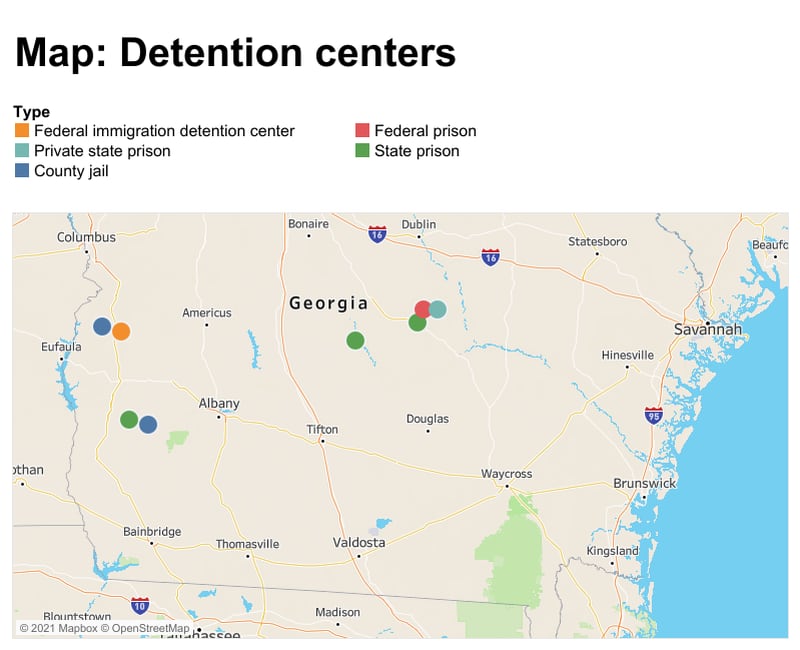 Map of detention facilities in rural South Georgia.
