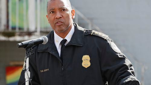 January 9, 2020 - Atlanta -  Todd Coyt, Assistant Chief of Atlanta Police, makes some comments at the ceremony.  Mayor Keisha Lance Bottoms and Arthur Blank, Chair, Arthur M. Blank Family Foundation, were among those to speak at the Atlanta Police Recruit Housing Ground Breaking Ceremony in English Avenue.  Also present were Councilmember Andre Dickens, Todd Coyt, Assistant Chief of Atlanta Police,  and Dave Wilkinson, President & CEO, Atlanta Police Foundation.    Bob Andres / bandres@ajc.com
