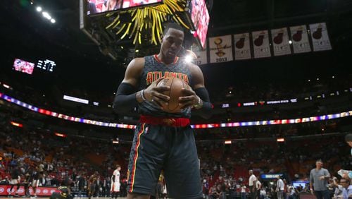 The Atlanta Hawks' Dwight Howard squeezes the ball before the start of play against the Miami Heat at AmericanAirlines Arena in Miami on Wednesday, Feb. 1, 2017. (David Santiago/Miami Herald/TNS)