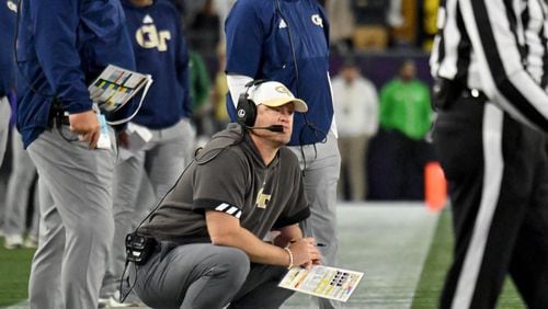 Georgia Tech head coach Brent Key watches from sideline during the second half of an NCAA college football game at Georgia Tech's Bobby Dodd Stadium, Saturday, November 25, 2023, in Atlanta. Georgia won 31-23 over Georgia Tech. (Hyosub Shin / Hyosub.Shin@ajc.com)