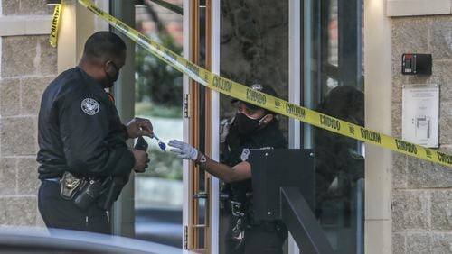 March 8, 2021 Atlanta: A shooting at a downtown Atlanta apartment complex Monday morning, March 8, 2021 sent two men to a hospital and left a hallway covered in blood. A resident of the MAA Centennial Park Apartments on Centennial Olympic Park Drive described a gruesome scene with blood splattered along the walls and floor. Two men were taken to a hospital shortly after 9 a.m. for treatment of “multiple gunshot wounds,” according to Atlanta police. They were expected to survive. The resident, who asked not to be identified, said he heard a man screaming after gunshots rang out. He said he has noticed an uptick in crime in recent months, culminating with 13 shootings in Atlanta this past weekend and 12 the weekend before. “It’s Atlanta, man,” he said. “You’ve just got to get used to the times. APD’s gotta step up, but till that happens, nothing is going to change.” According to a police spokesman, investigators believe the shooting was the result of a dispute inside one of the apartments. No other details were released. “Investigators are working to determine the circumstances surrounding the incident,” Officer Anthony Grant said in an emailed statement. (John Spink / John.Spink@ajc.com)


