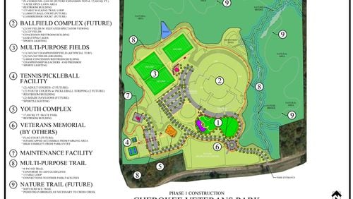 A proposed Veterans Memorial would go in location No. 6, according to a map of the Cherokee Veterans Park being developed in Cumming. CHEROKEE RECREATION & PARKS AGENCY