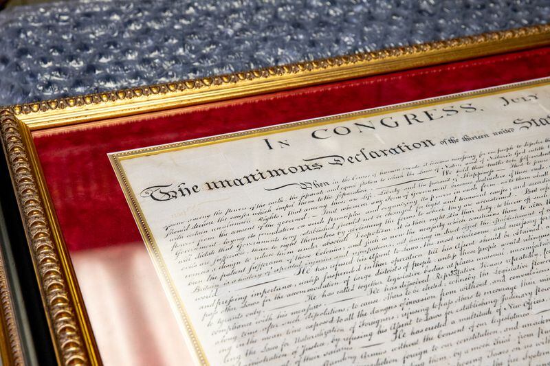 Kennesaw State University prepares to send a rare 1843 copy of the Declaration of Independence for professional conservation on Friday, June 9, 2023. (Jenni Girtman for The Atlanta Journal-Constitution)