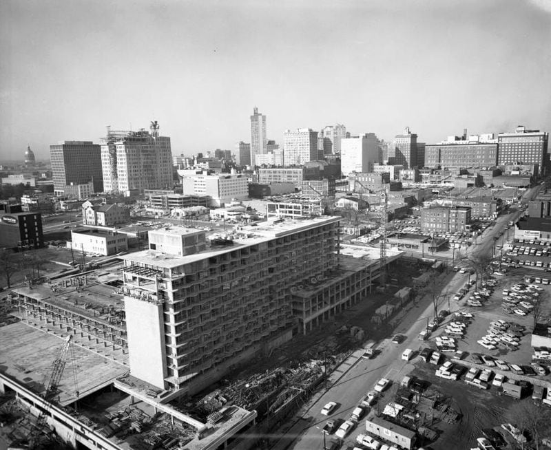 Aerial view of downtown Atlanta, looking southwest with the construction of the Marriott Motor Hotel in the foreground, now known as the Sheraton Atlanta Hotel, on March 8, 1965.