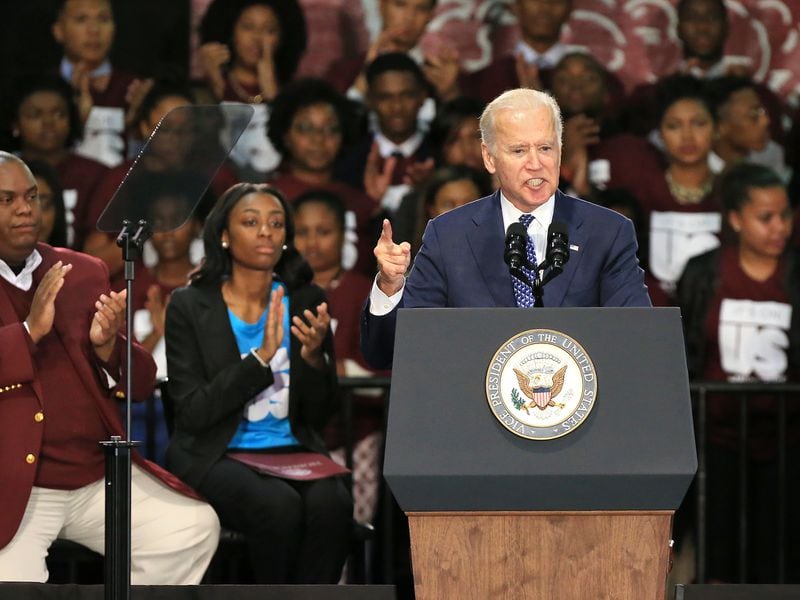 Then-Vice President Joe Biden delivers his message at Morehouse College during a three college tour to mobilize students to take action to prevent sexual assault on campuses on Tuesday, Nov. 10, 2015 in Atlanta. AJC FILE PHOTO.