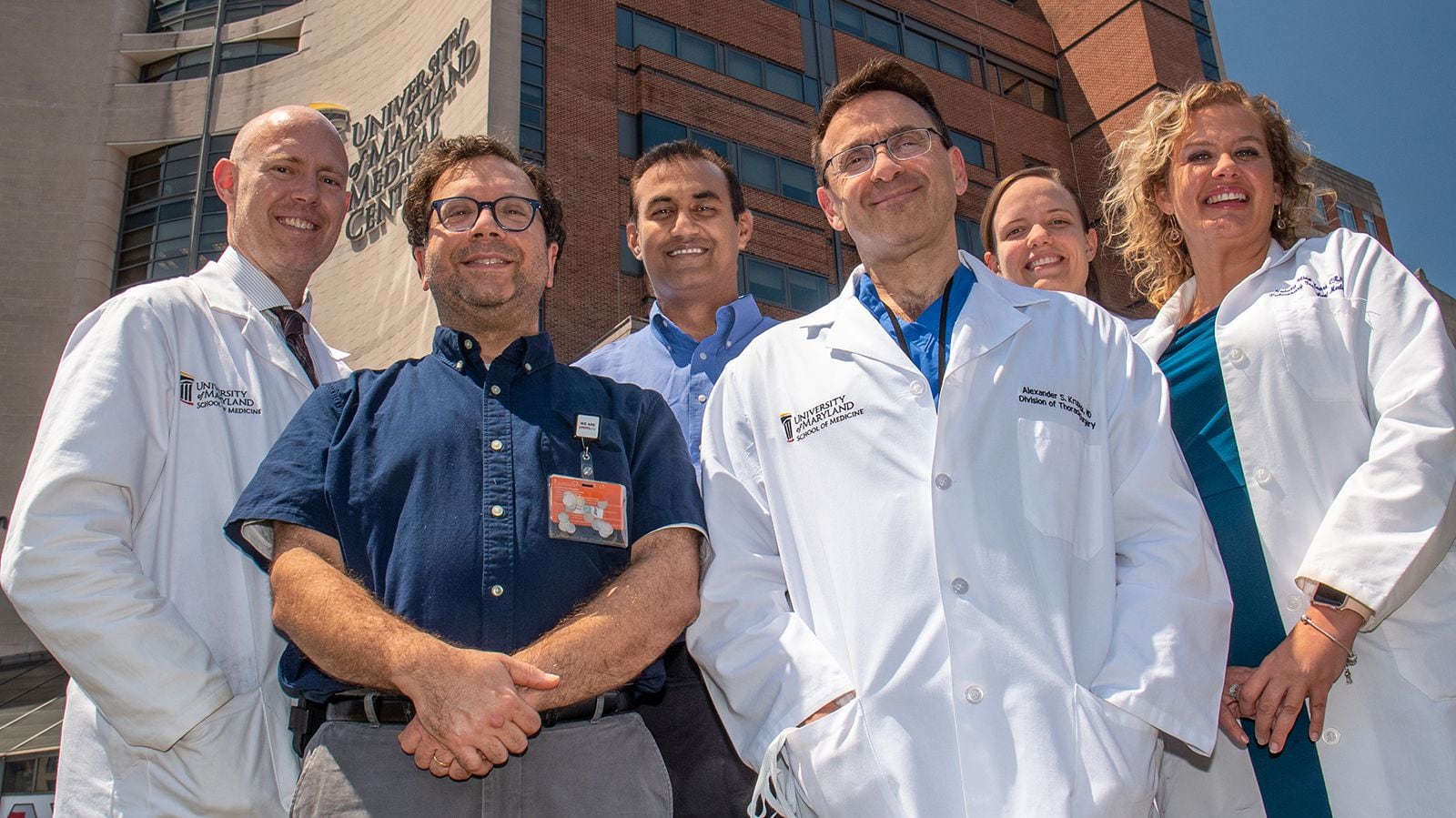 Some of the members of the lung transplant team at the University of Maryland Medical Center, from left: Dr. Robert Reed; Dr. Joseph Rabin; Dr. Vipul Patel; Dr. Alexander Krupnick; Julie Riggs, a certified registered nurse practitioner, and Natalie Moore, a certified registered nurse practitioner.