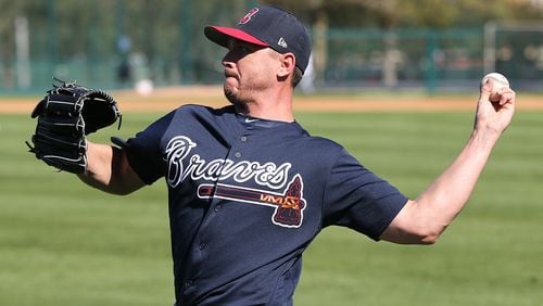 Braves pitcher Scott Kazmir loosens up his arm on Saturday, Feb 17, 2018, at the ESPN Wide World of Sports Complex in Lake Buena Vista.     Curtis Compton/ccompton@ajc.com