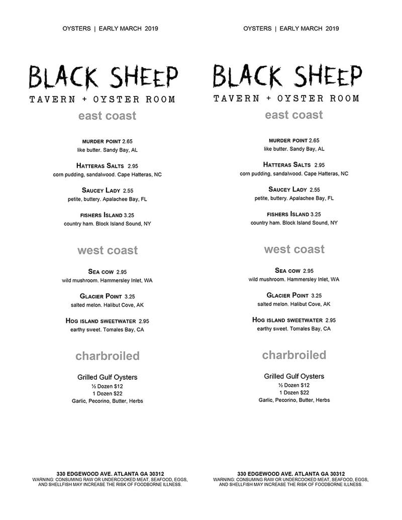 Theoyster menu for Black Sheep Tavern & Oyster Room