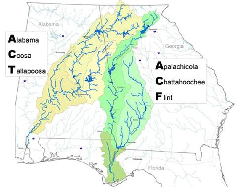 Two lawsuits filed by the state of Alabama challenge the way the federal Army Corps of Engineers plans to divvy the water in its dams along the Apalachicola-Chattahoochee-Flint (ACF) and Alabama-Coosa-Tallapoosa (ACT) river basins in the decades to come. (Map courtesy of the Atlanta Regional Commission.)