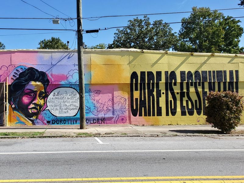 Her mural for the National Domestic Workers Alliance focuses on activist Dorothy Bolden and the rights of caregivers. Photo: Arthur Rudick/Streetartmap.org