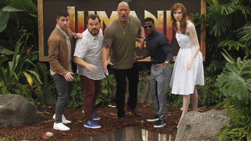 Nick Jonas, from left, Jack Black, Dwayne Johnson, Kevin Hart and Karen Gillan during a promotional photo for "Jumanji: Welcome to the Jungle." Image: Shane Tergarden/Sony Pictures