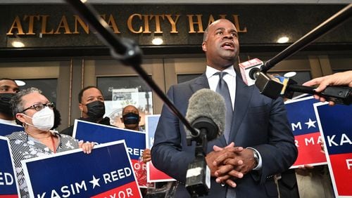 August 17, 2021 Atlanta - Former Atlanta mayor Kasim Reed speaks to members of the press after filing paperworks for November 2nd Atlanta Mayoral Election outside the Atlanta City Hall on Tuesday, August 17, 2021. Atlanta City Council President Felicia Moore and former Atlanta mayor Kasim Reed filed paperwork and qualified as a candidate in the November 2nd Atlanta Mayoral Election.  (Hyosub Shin / Hyosub.Shin@ajc.com)