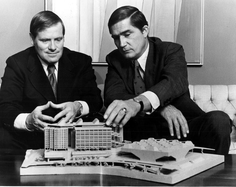 Maurice D. Alpert, left, and Tom Cousins look over Omni plans in 1972. 