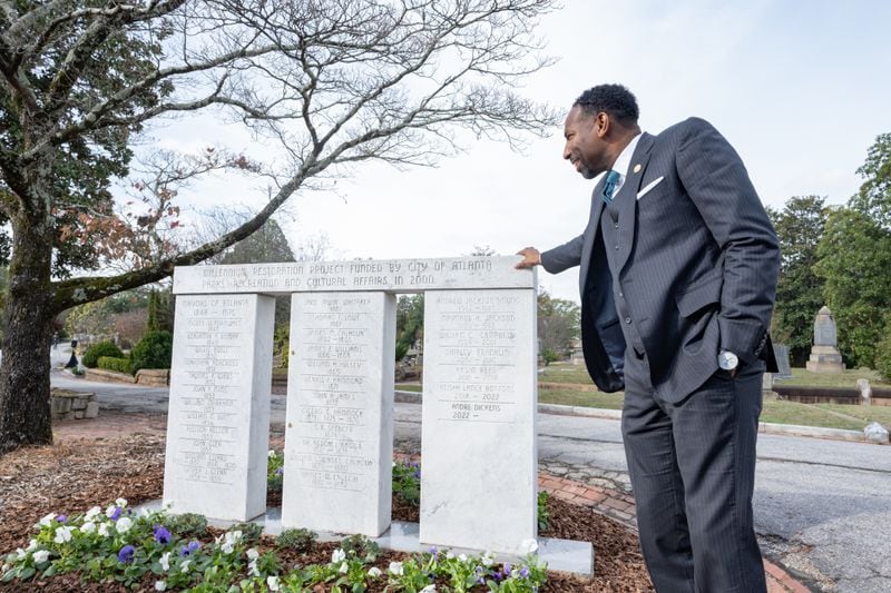 Atlanta Mayor Andre Dickens reacts to his name being added to the mayoral monument in Oakland Cemetery. (City of Atlanta)