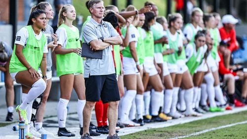 Georgia soccer coach Billy Lesesne watches from the sideline during the a match against Wofford at the Turner Soccer Complex in Athens on Sunday, Sept. 5, 2021. (Photo by Tony Walsh/UGA Athletics)