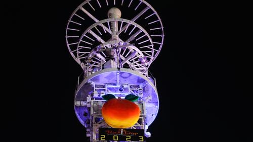 Views of Peach Tower at Underground Atlanta during the New Year’s Eve Peach Drop celebration on Saturday, December 31, 2022. (Natrice Miller/natrice.miller@ajc.com)  
