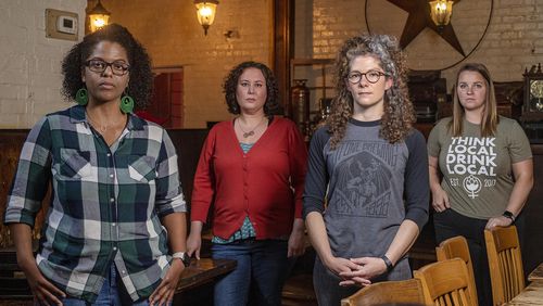 Rebecca Royster (from left), Jennifer Blair, Kendell Worden and Tracy Bardugon stand for a portrait at The Porter Beer Bar in Atlanta’s Little Five Points community, Monday, June 14, 2021. Blair, Worden and Bardugon formerly worked at New Realm Brewing. (Alyssa Pointer / Alyssa.Pointer@ajc.com)