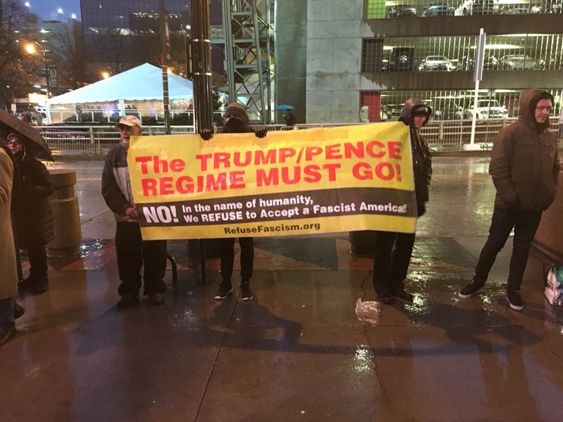Anti-Trump protesters in downtown Atlanta ahead of the  college football national championship on Monday, January 8, 2018.