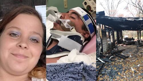 Brittany Eskew (left) was killed and Justin Fletcher (center) was critically injured in a house fire in Haralson County on Thursday morning.