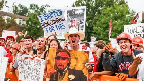 Georgia fans were fired up and out in huge numbers at UGA's Myers Quad rocking signs for ESPN's College GameDay before the Arkansas game in Athens on  Saturday, Oct. 2, 2021. (Photo by Mackenzie Miles/UGA Athletics)