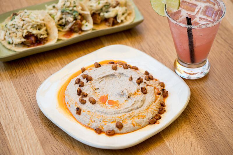  Black-Eyed Pea Hummus with tahini, olive oil, black-eyed pea "popcorn," and chipotle chili oil. Photo credit- Mia Yakel.