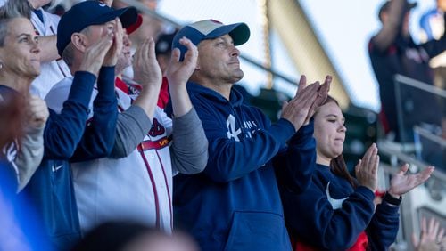 Fans clap during the pregame show at the Braves home opening day game versus the Diamondbacks at Truist Park in Atlanta on Friday, April 5, 2024. (Arvin Temkar / arvin.temkar@ajc.com)