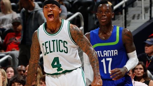 Isaiah Thomas of the Boston Celtics reacts after hitting a 3-point basket against the Dennis Schroder of the Atlanta Hawks at Philips Arena on January 13, 2017 in Atlanta, Georgia. (Photo by Kevin C. Cox/Getty Images)
