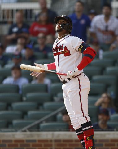 Atlanta Braves' Ronald Acuna Jr. flies out during the sixth inning of game one of the baseball playoff series between the Braves and the Phillies at Truist Park in Atlanta on Tuesday, October 11, 2022. (Jason Getz / Jason.Getz@ajc.com)