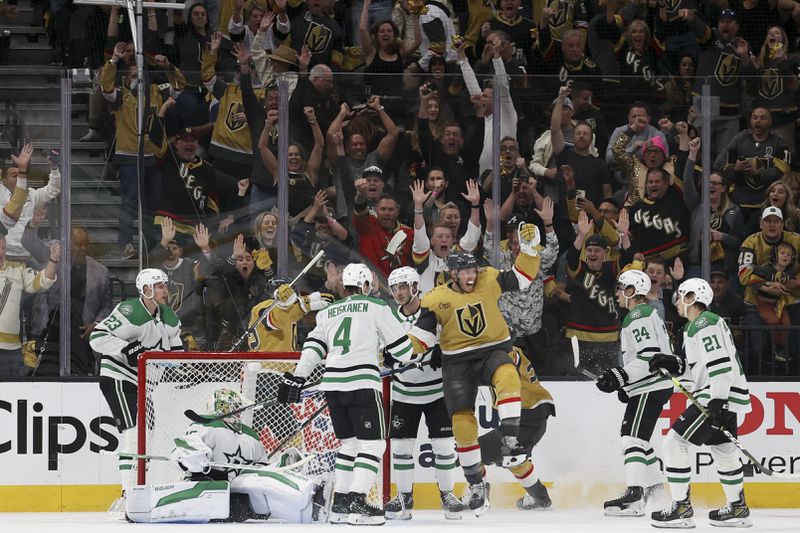 Vegas Golden Knights defenseman Brayden McNabb (3) celebrates after right wing Michael Amadio (22) scored during the first period against the Dallas Stars in Game 4 of an NHL hockey Stanley Cup first-round playoff series Monday, April 29, 2024, in Las Vegas. (AP Photo/Ian Maule)