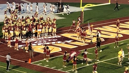 The Brookwood football team prepares to take the field to play Mountain View on Oct. 1, 2021. Brookwood won the game 34-0.