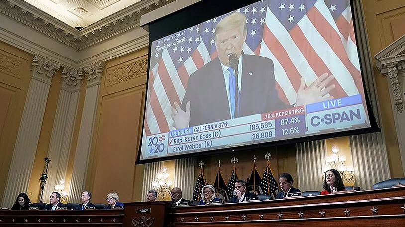 A video of then-President Donald Trump speaking is displayed as the House select committee investigating the Jan. 6 attack on the U.S. Capitol holds a hearing on Capitol Hill in Washington, Thursday, Oct. 13, 2022. (AP Photo/J. Scott Applewhite, File)