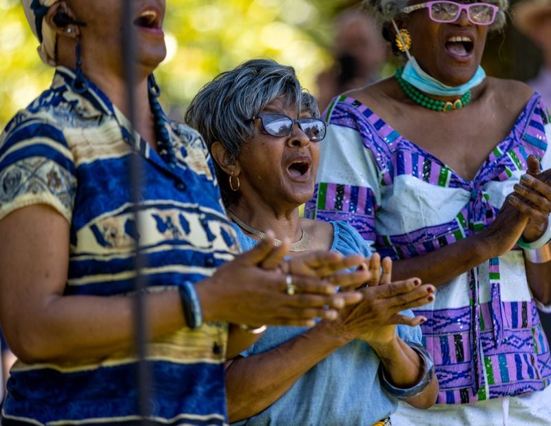  The A.M.E. Choir performs at the Historic Oakland Foundation ceremony for the newly restored African American Burial Grounds at Oakland Cemetery on Friday, June 10, 2022. (Steve Schaefer / steve.schaefer@ajc.com)