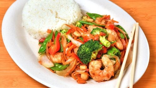 201101 Atlanta, Ga: Spicy Szechuan Stir Fry with Shrimp, from Doc Chey's (Morningside location). Photo for 111220Menu. (Chris Hunt for The Atlanta Journal-Constitution)