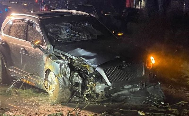 Cydel Charles Young, aka Cyhi the Prynce, posted this photo of his wrecked Bentley Bentayga after he said he was attacked by someone in a red car who fired several gunshots at him on Thursday night, Feb. 11, 2021. (credit: Cydel Young)