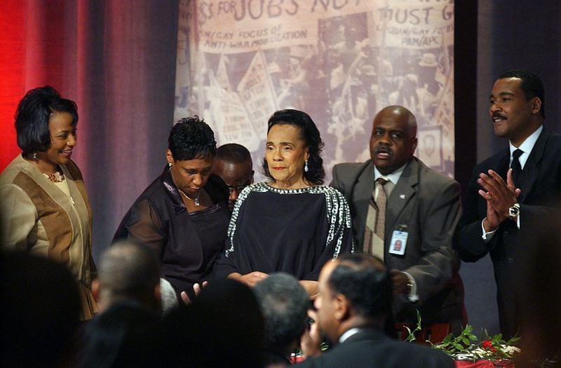 Coretta Scott King is flanked by (left) Bernice King and (right) Dexter King as they welcome her surprise visit to the Salute to Excellence Dinner in Atlanta on Saturday, Jan. 14, 2006. (W.A. BRIDGES Jr./AJC staff)                               
