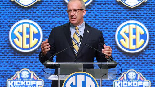 Commissioner Greg Sankey holds a press conference to open SEC Media Days at the College Football Hall of Fame on Monday, July 16, 2018 in Atlanta, Ga. (Curtis Compton/Atlanta Journal-Constitution/TNS)